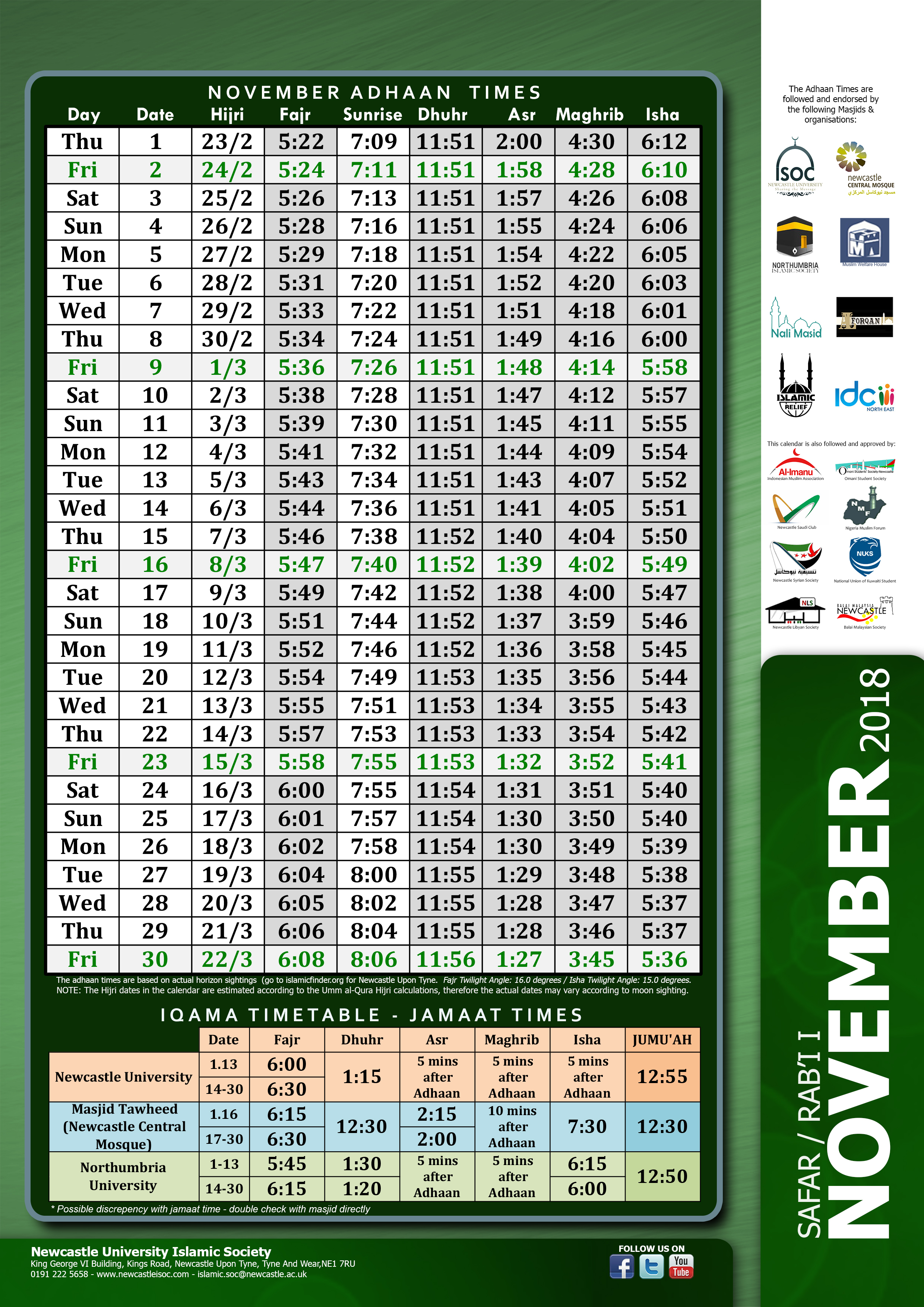 Prayer Time Table Newcastle ISoc
