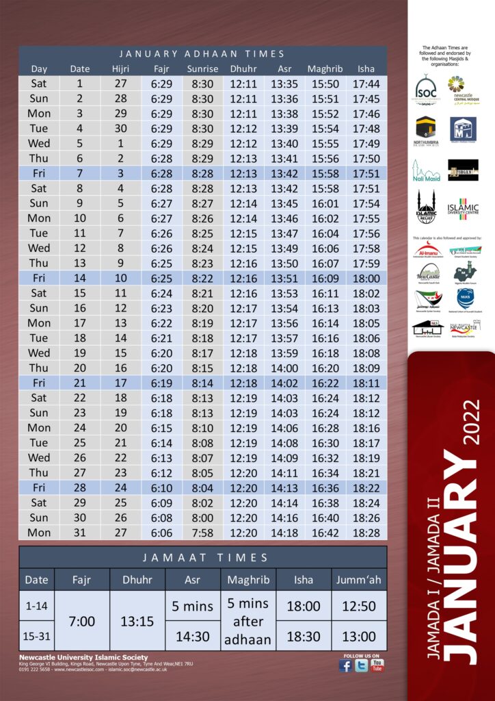 Prayer Time Table Newcastle ISoc
